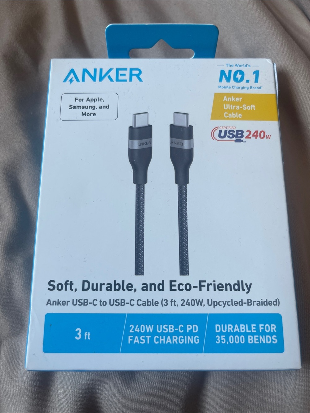 Anker White and Blue Fast Charging Cable Packaging